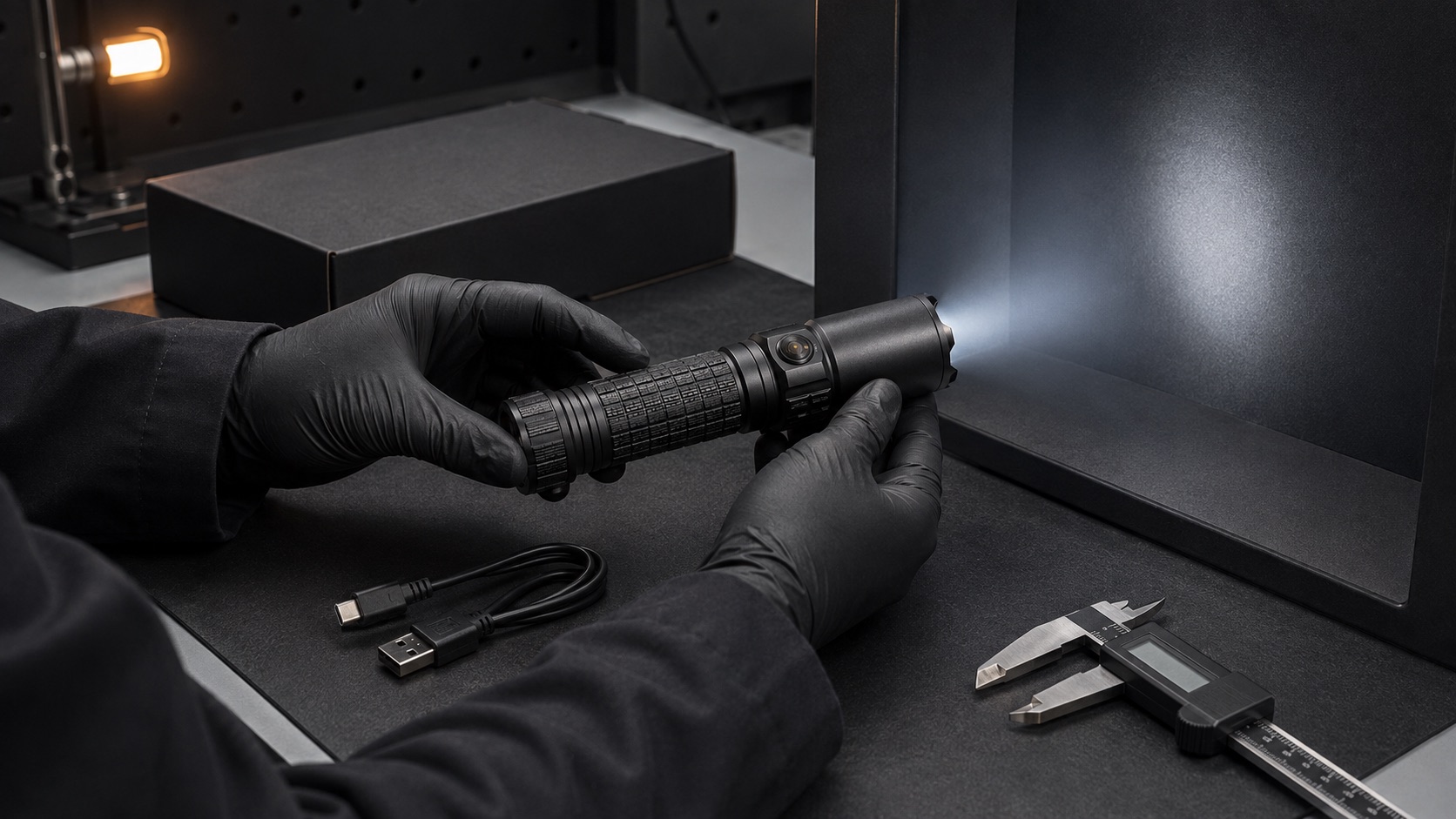 A technician examining a rechargeable flashlight at a controlled quality bench