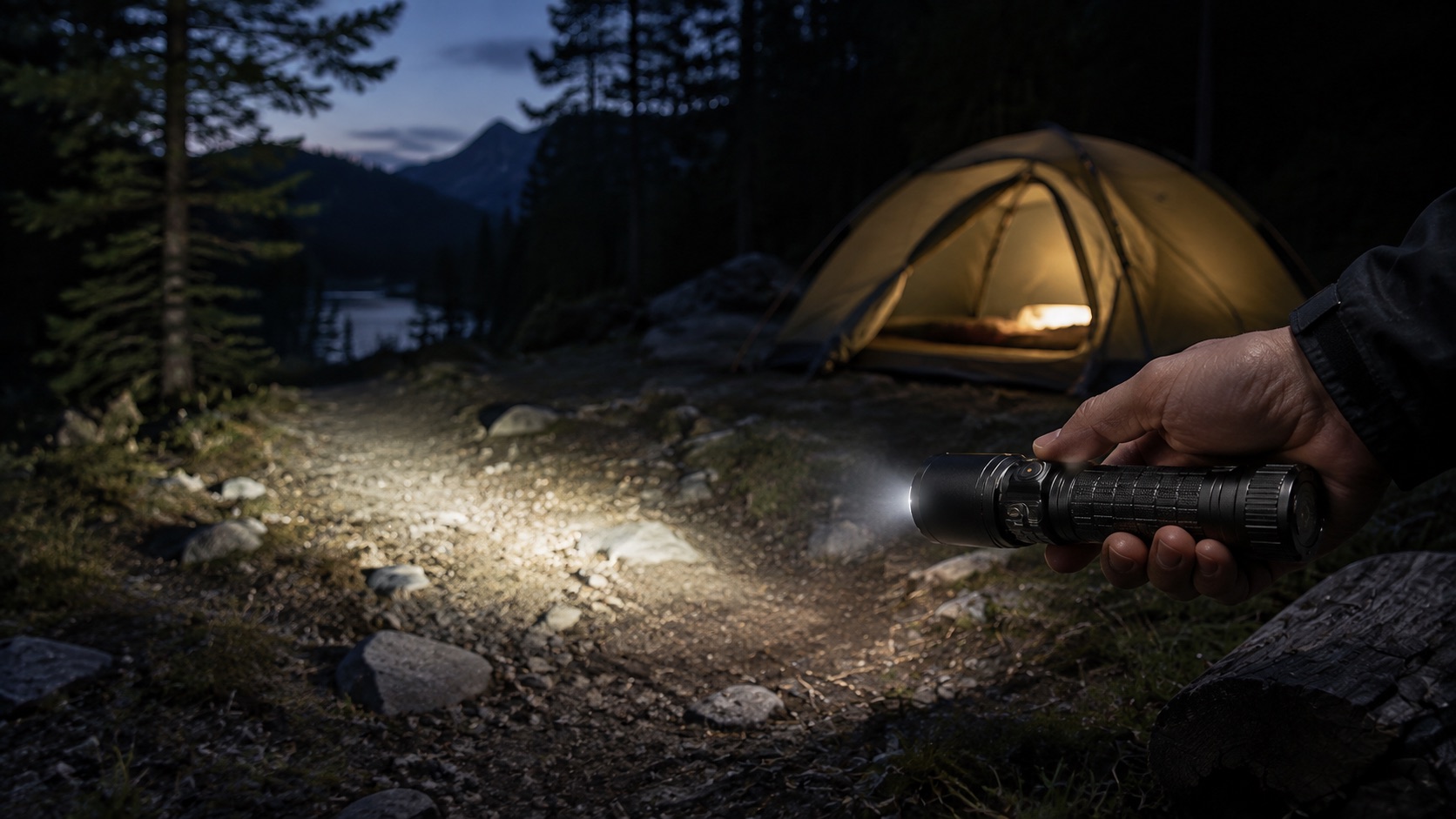 A rechargeable flashlight lighting a campsite trail at blue hour