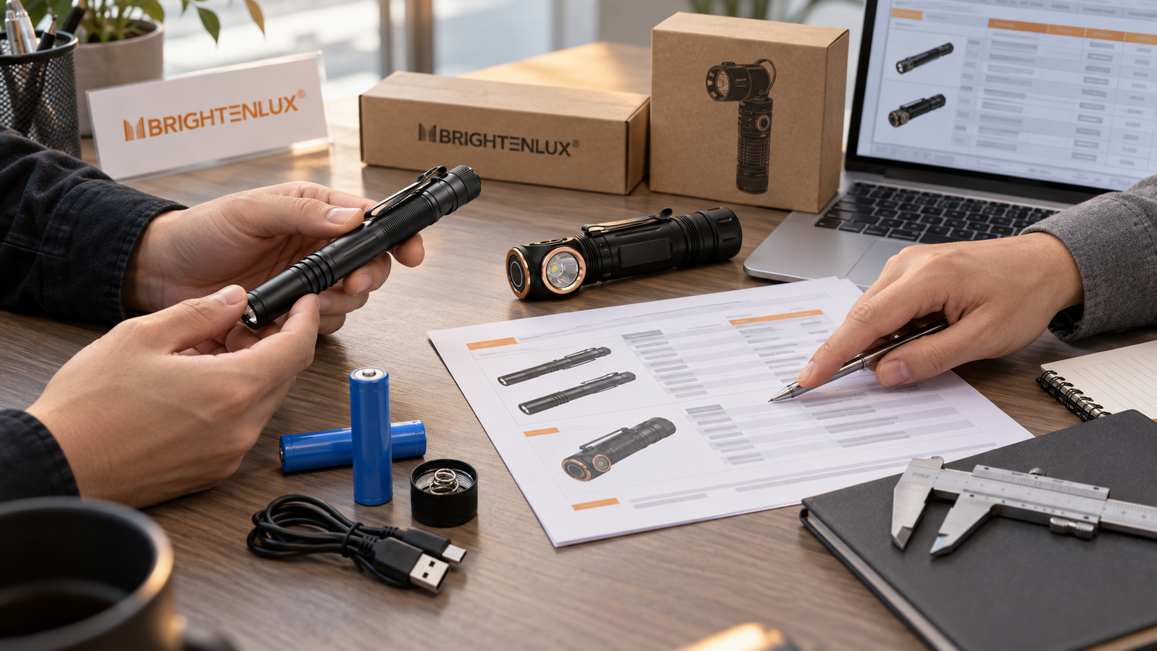 Sourcing team comparing Brightenlux rechargeable flashlight samples against one controlled quotation specification