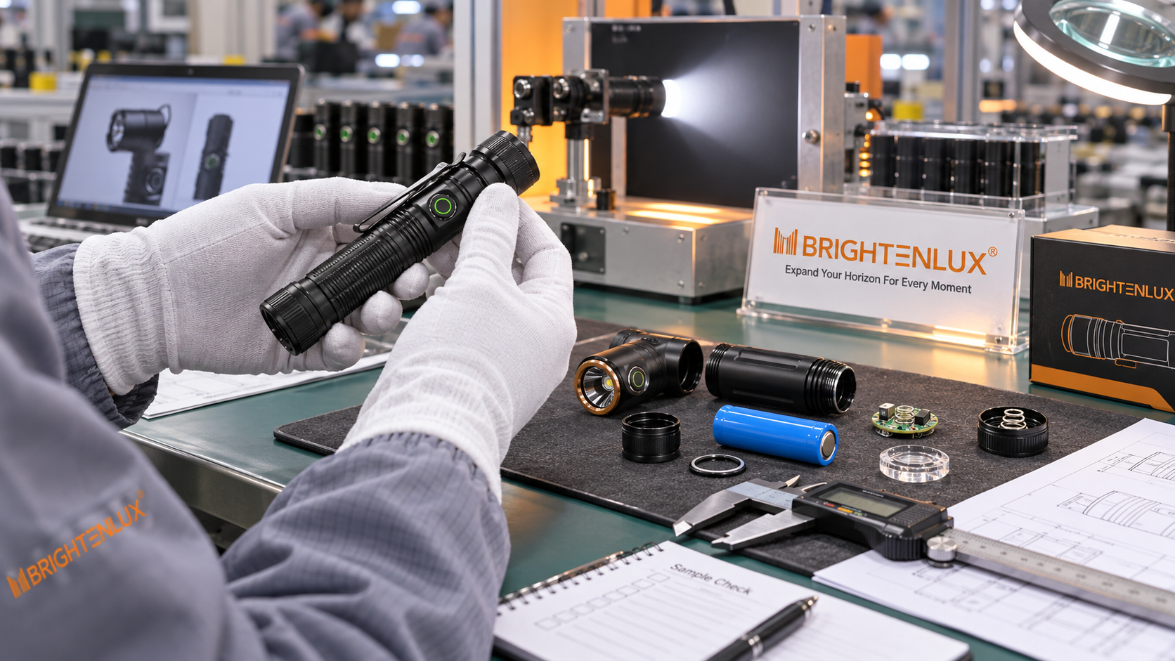 Brightenlux flashlight sample approval and quality-control checkpoint before production