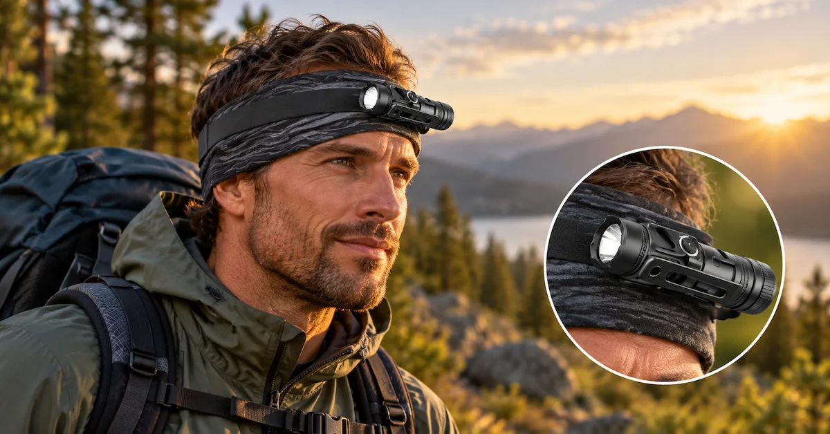 LED flashlight clipped to headband for hiking