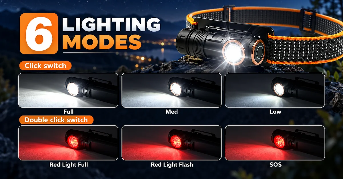 Headlamp with six lighting modes for hiking