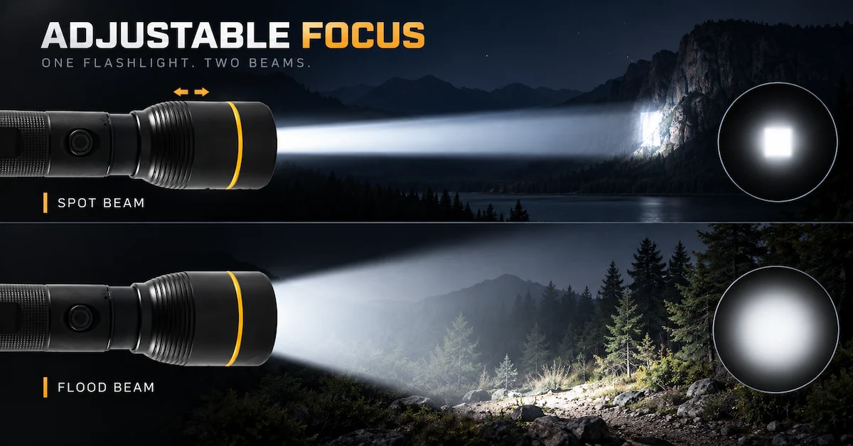 Adjustable focus torch spot and flood modes