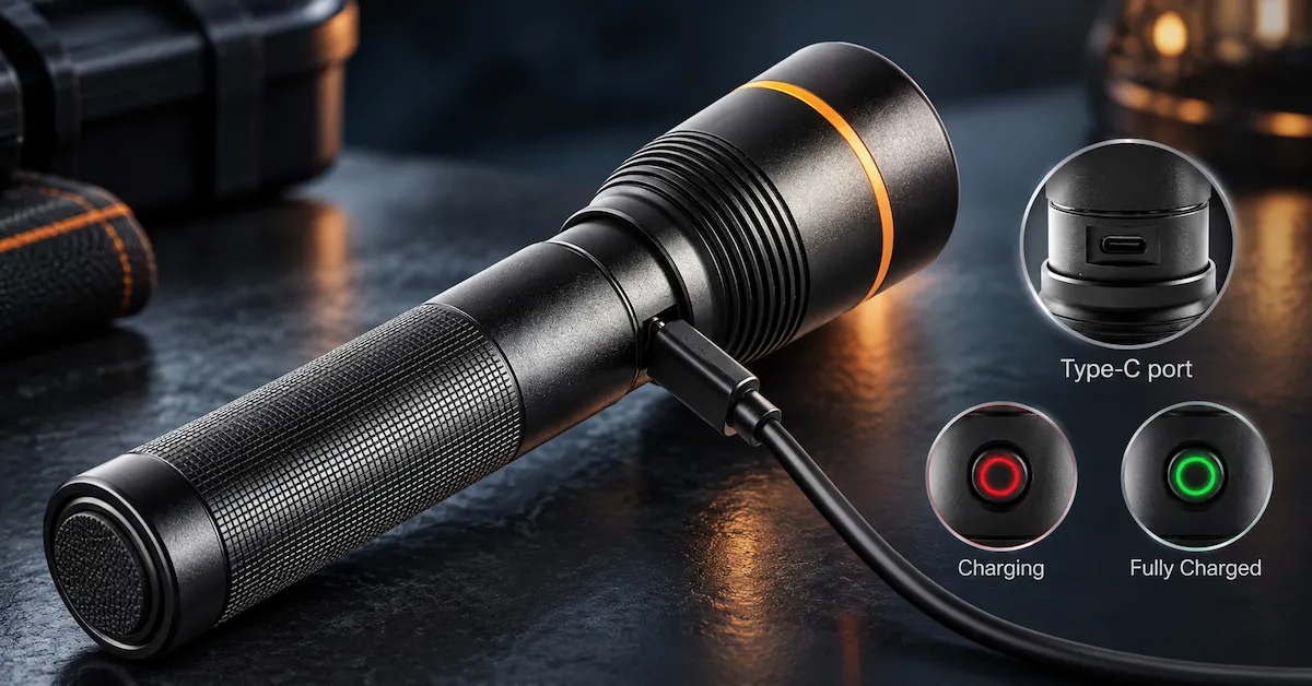 USB-C rechargeable flashlight charging status