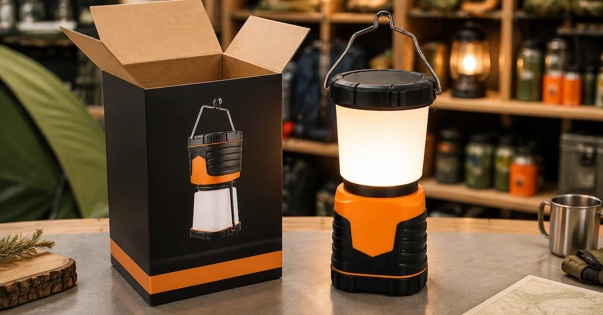Camping lantern retail packaging design scene