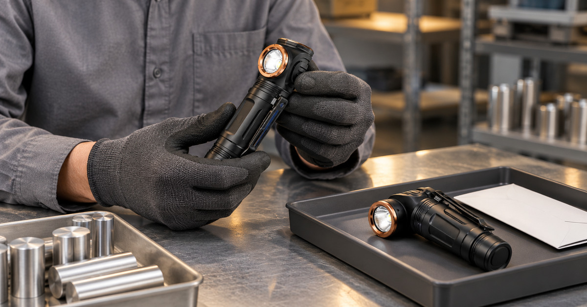 Wholesale flashlight supplier scorecard concept at a sample-review workbench