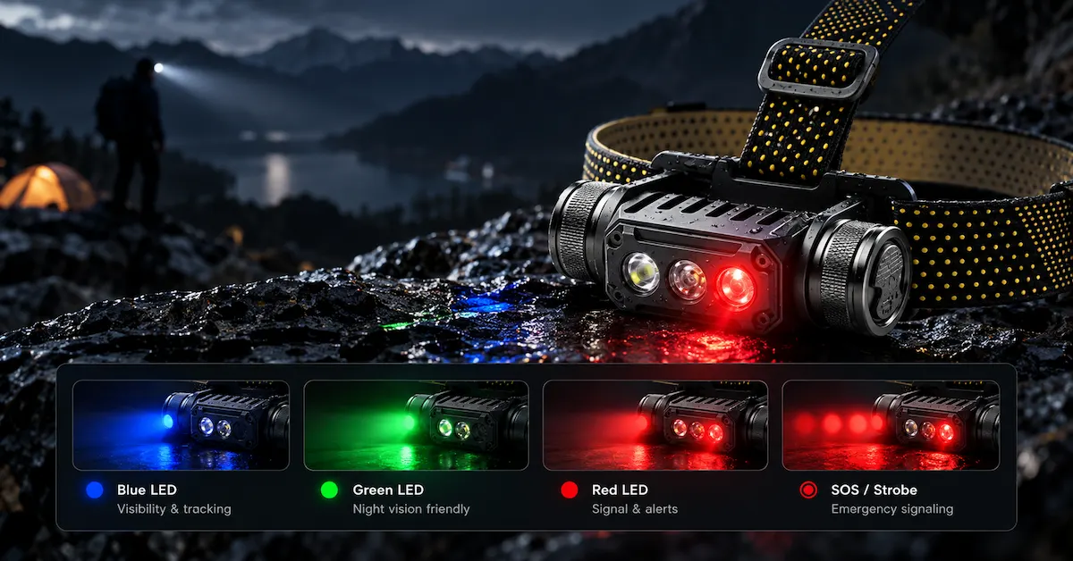 RGB headlamp blue green red SOS lighting mode