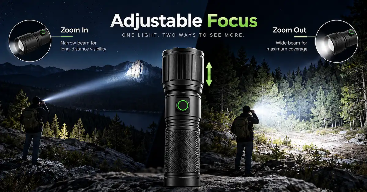 Adjustable focus flashlight zoom in zoom out