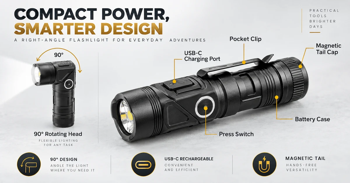 Right angle flashlight with magnetic tail cap