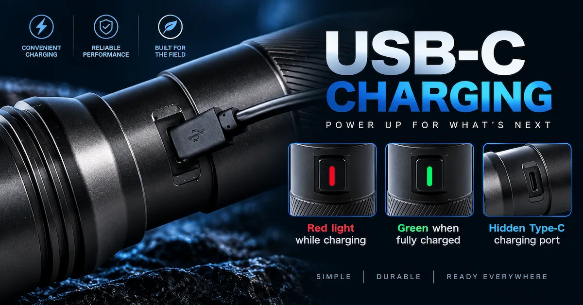 USB-C flashlight charging with LED indicators