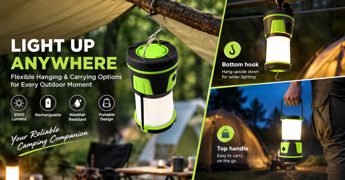 Camping lantern with hook and carrying handle