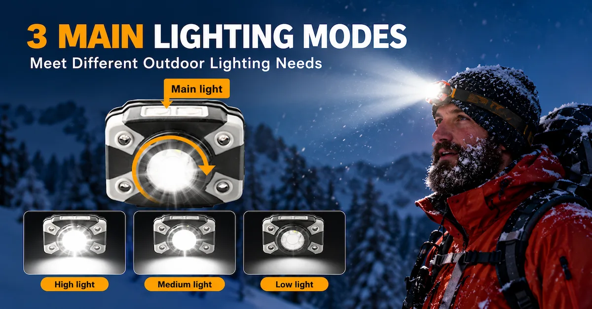 LED headlamp with three modes for winter hiking