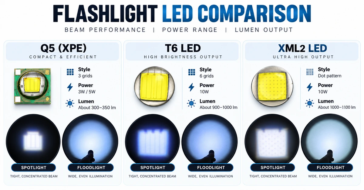 Q5 T6 XML2 LED Beam and Brightness Comparison