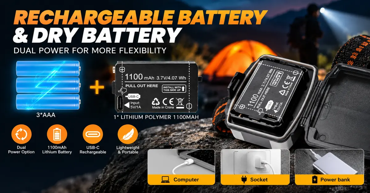 Rechargeable Headlamp with AAA Battery Option